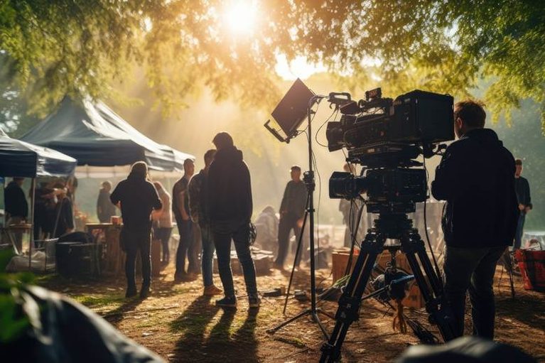 Film crew working outdoors with a camera on a tripod and a light stand